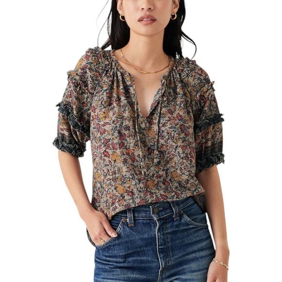 Faherty Bodhi Wildflower Floral 100% Organic Cotton Ruffled Puff Sleeve Top - Picture 4 of 6